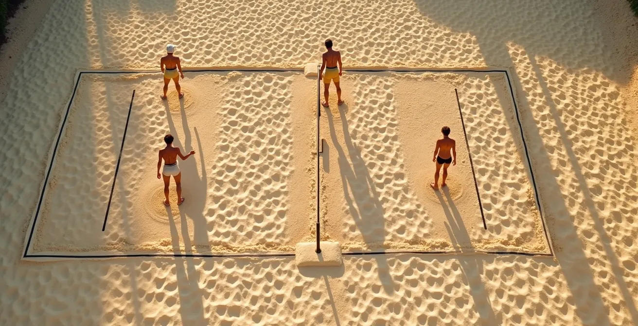 Vue aérienne d'un terrain de beach-volley montrant les zones de couverture optimales pour différentes configurations de duo