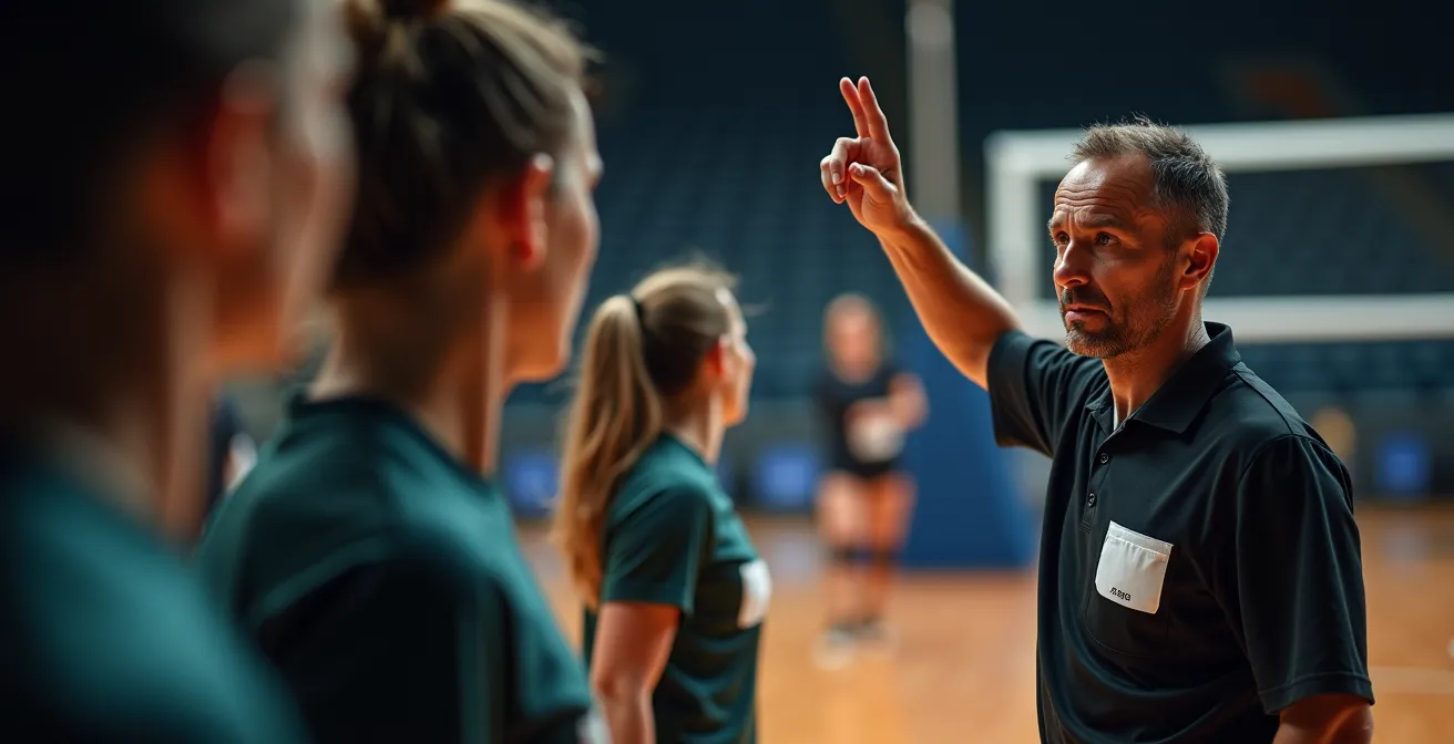 Arbitre consultant un écran de contrôle vidéo lors d'un challenge au volleyball