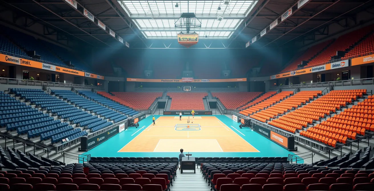 Vue grand angle d'une arène de volleyball avant le Final Four avec sièges vides et préparatifs