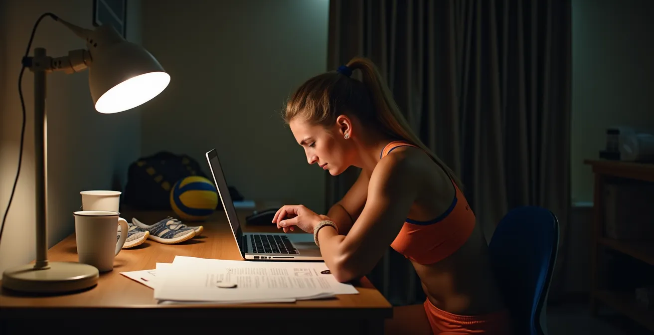 Joueur de beach-volley dans une chambre d'hôtel travaillant sur ses dossiers de sponsoring tard le soir