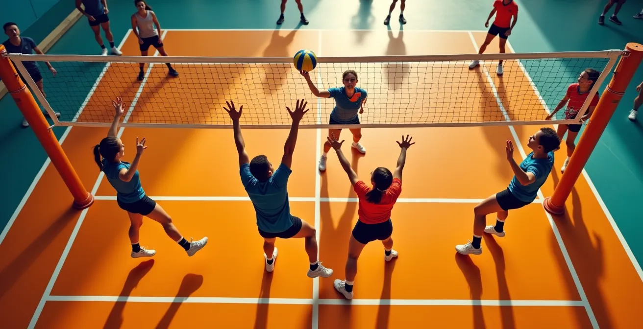 Vue aérienne d'une attaque pipe créant une brèche dans le bloc adverse au volleyball