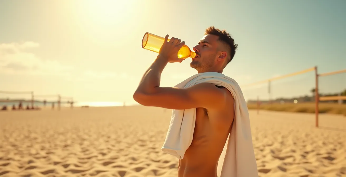 Joueur de beach-volley appliquant des techniques de refroidissement sous une chaleur extrême