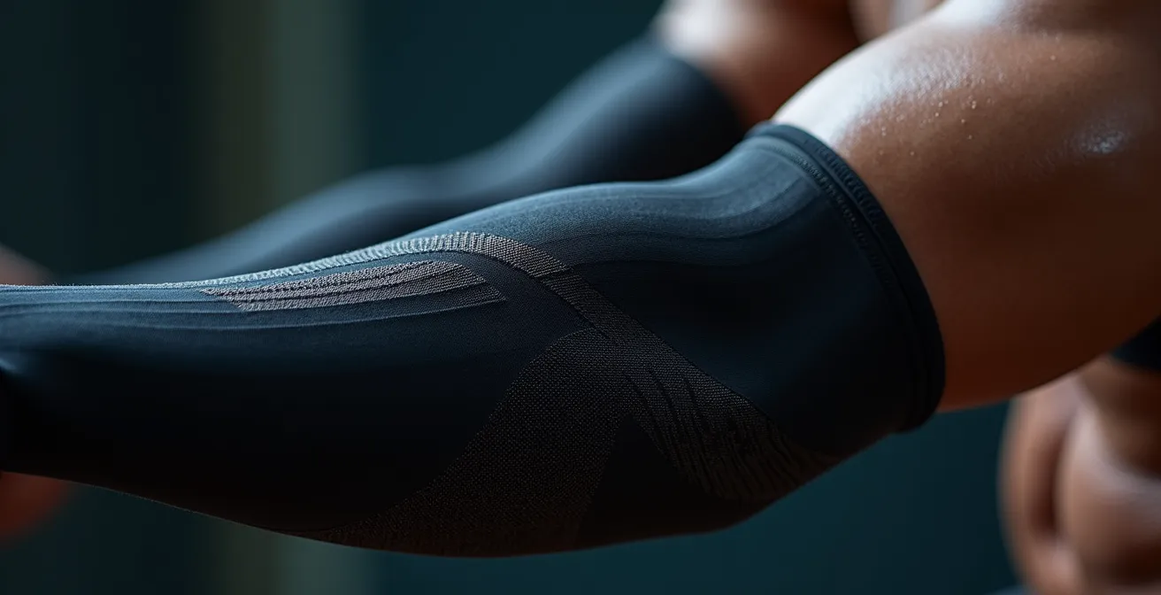 Gros plan macro sur tissu de manchon compressif montrant la texture et les fibres techniques