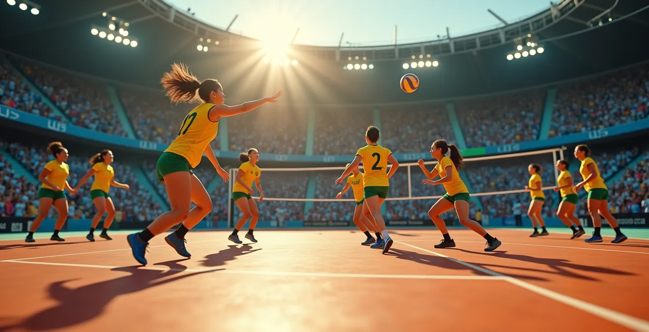 Joueurs de volleyball brésilien et argentin face à face au filet dans une arène vibrante