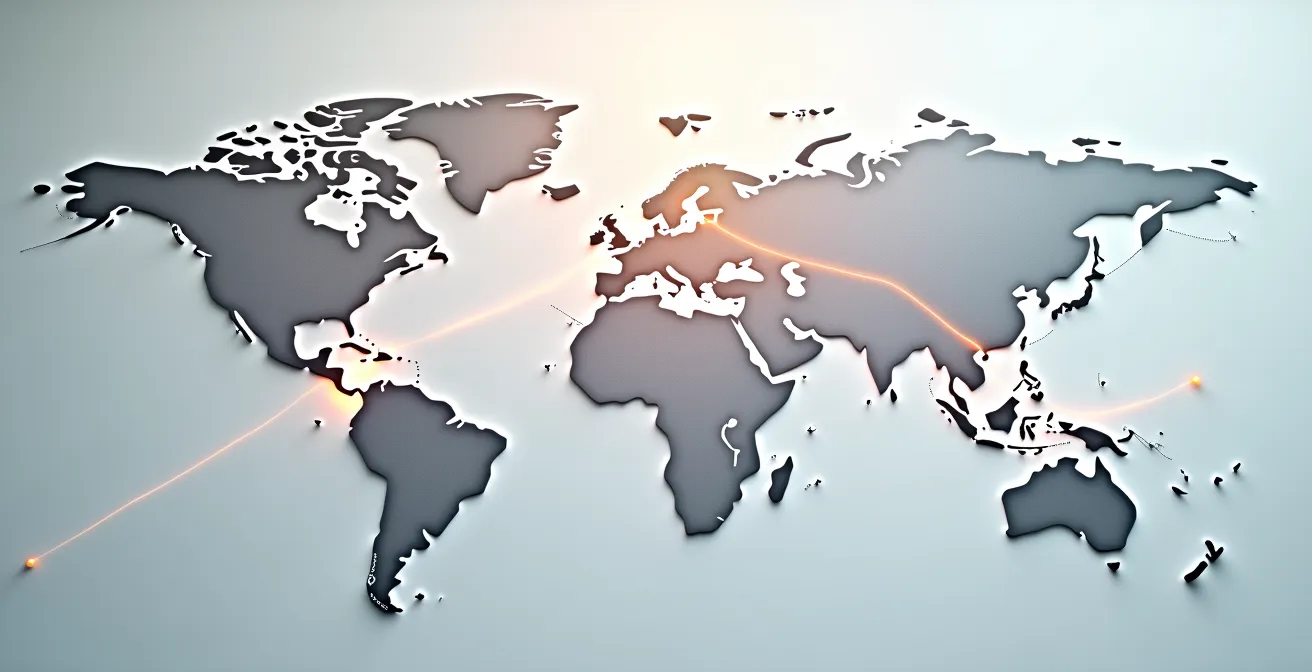 Carte mondiale montrant les trajets des équipes de volleyball à travers les fuseaux horaires