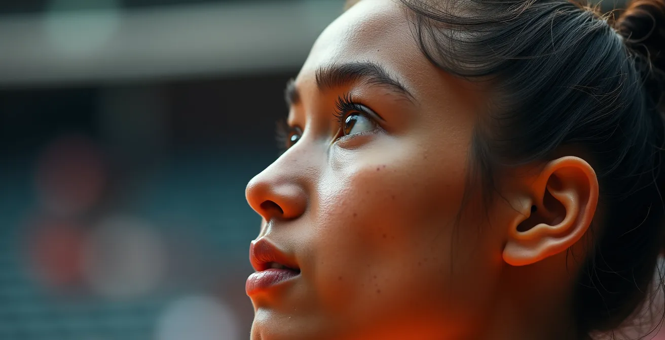 Central de volleyball en position de concentration avant un bloc décisif