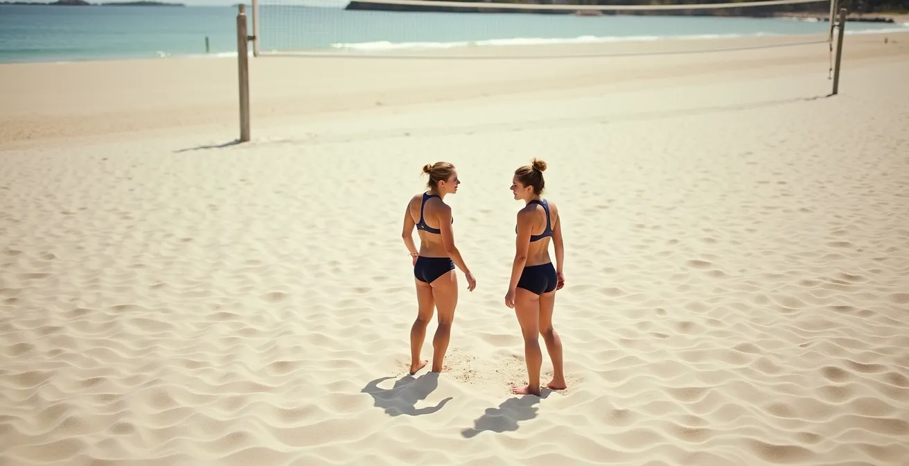 Deux joueurs de beach-volley échangeant des signaux de main après un point, vue large du terrain