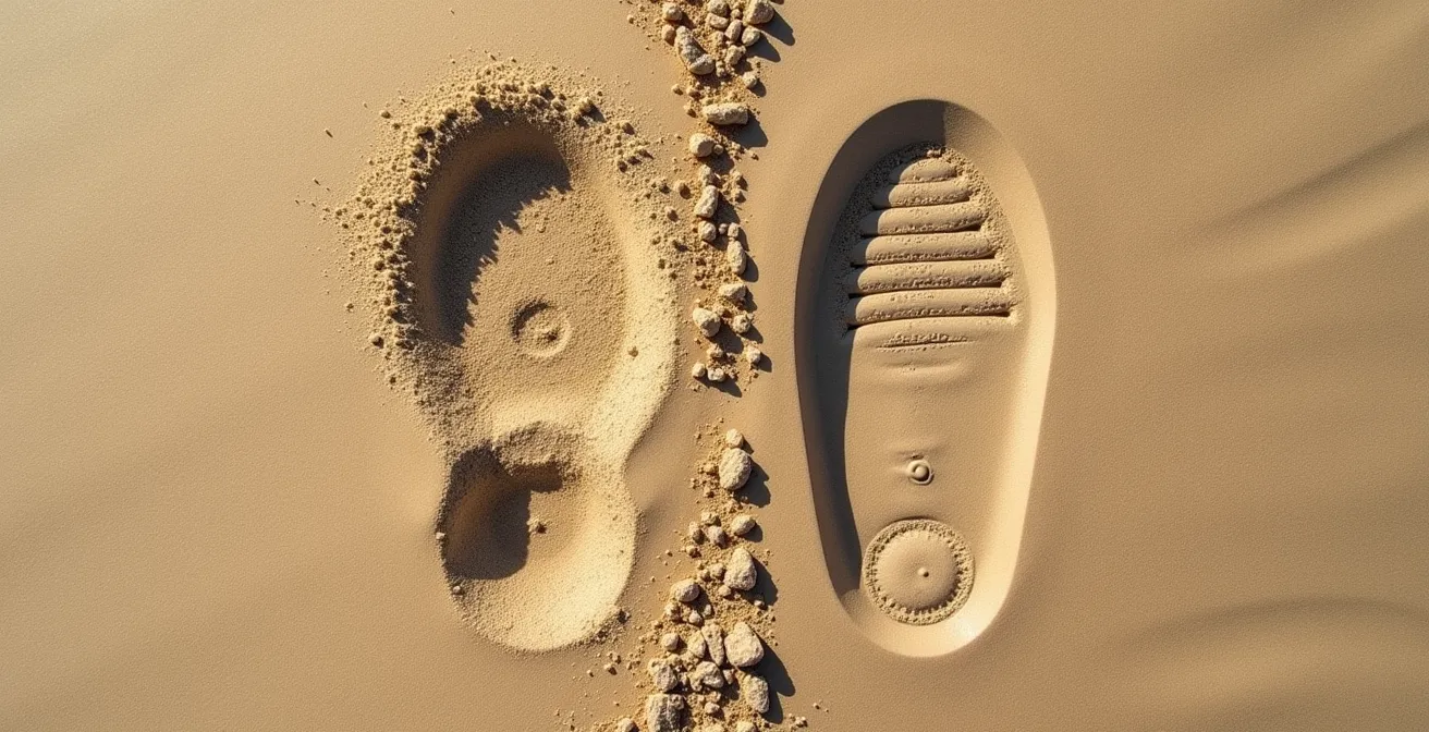 Vue en plongée montrant deux types de sable côte à côte avec empreintes de pas