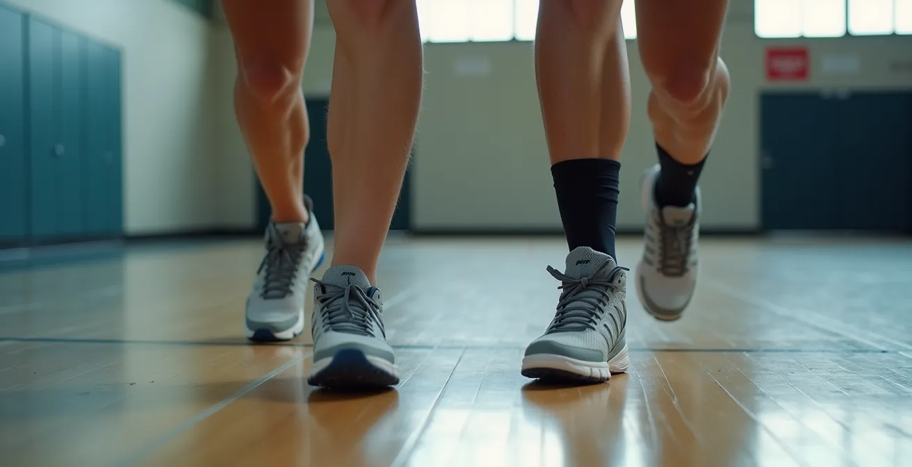 Comparaison anatomique entre chaussure de volley tige haute et tige basse montrant l'impact sur la cheville