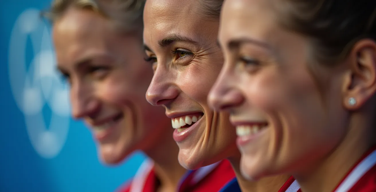 Visages contrastés d'athlètes sur un podium olympique montrant différentes émotions