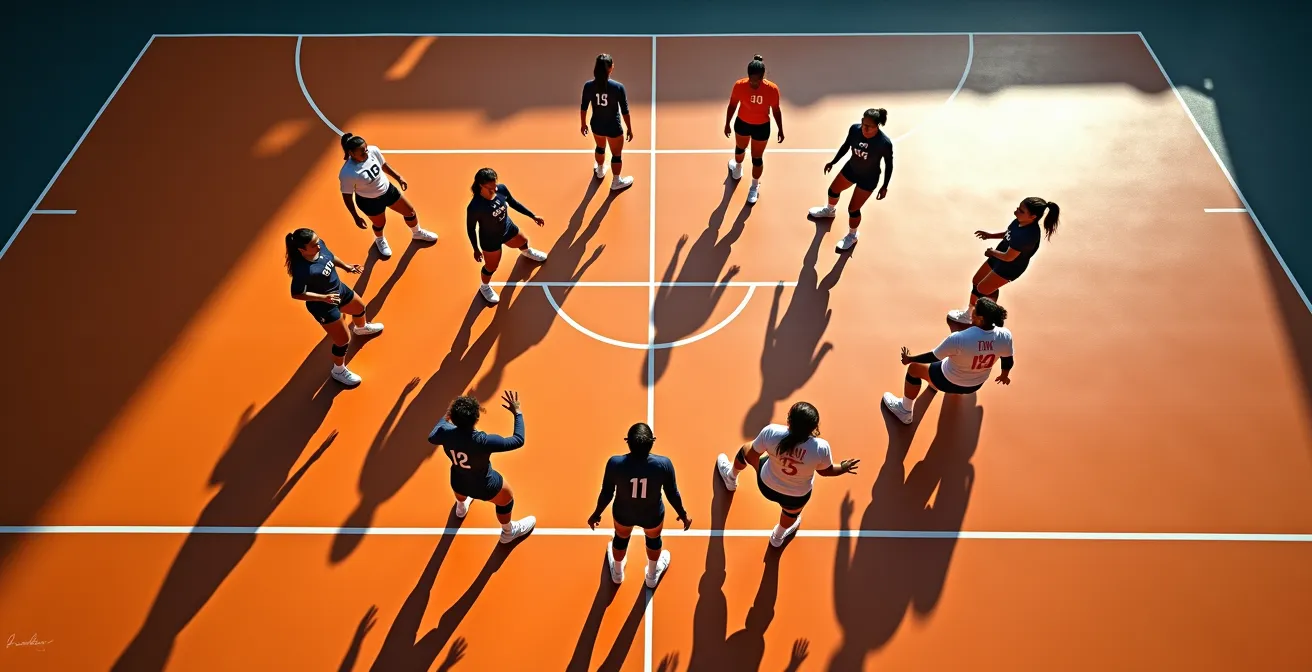 Vue aérienne d'une défense collective de volleyball en action montrant la coordination parfaite de l'équipe