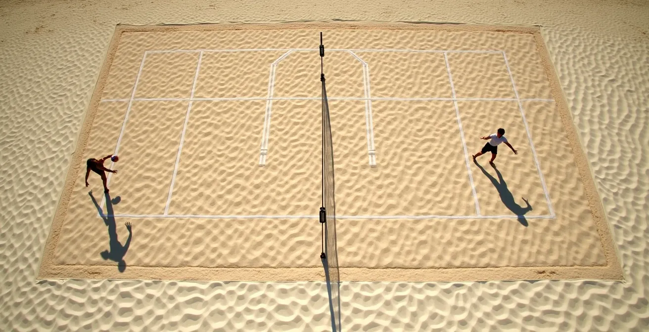 Vue aérienne d'un terrain de beach volley montrant le positionnement stratégique du défenseur en diagonale