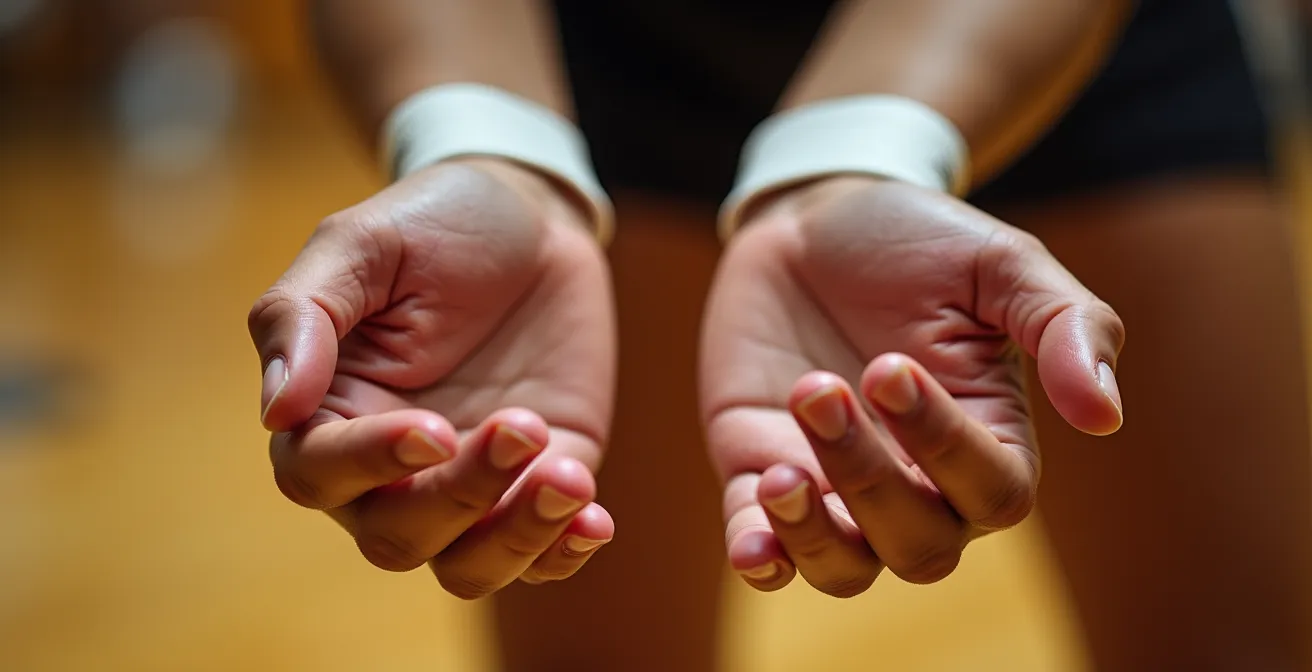 Vue macro de mains de volleyeur en position de défense montrant la précision du geste technique