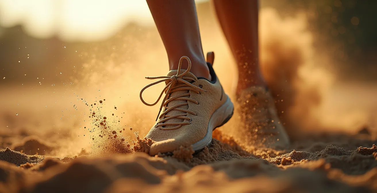 Vue macro de grains de sable en mouvement avec empreintes de pas dynamiques