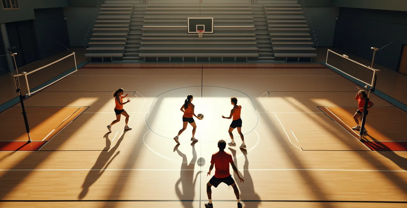 Vue d'ensemble du terrain de volleyball montrant le placement stratégique des joueurs