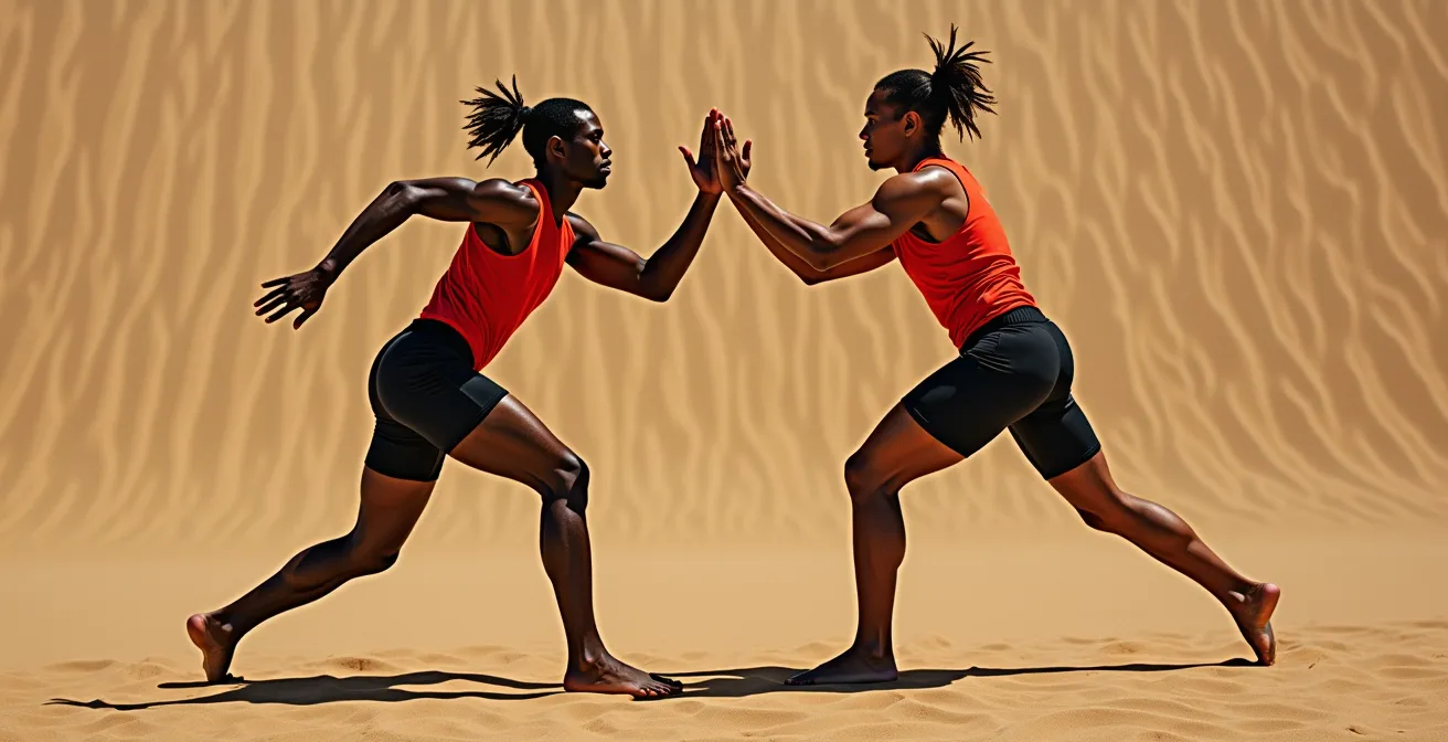 Joueur de beach-volley en état de fatigue extrême, posture affaissée et technique dégradée