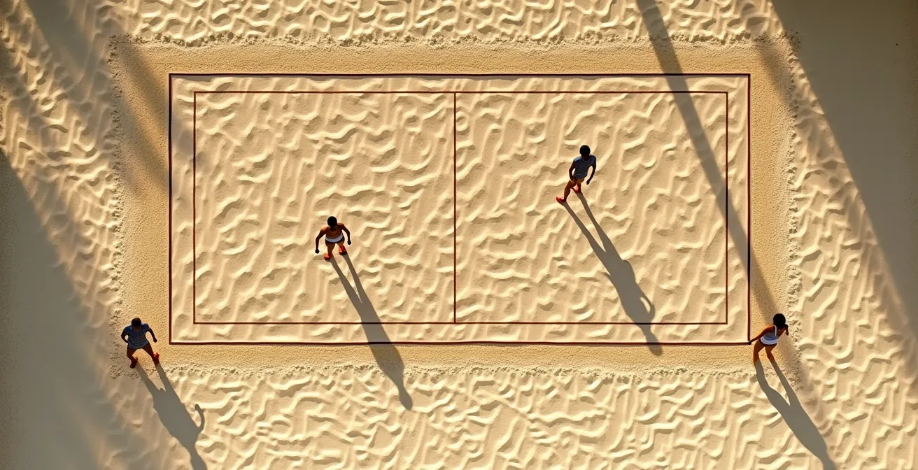 Vue aérienne d'un terrain de beach volley montrant les zones de défense