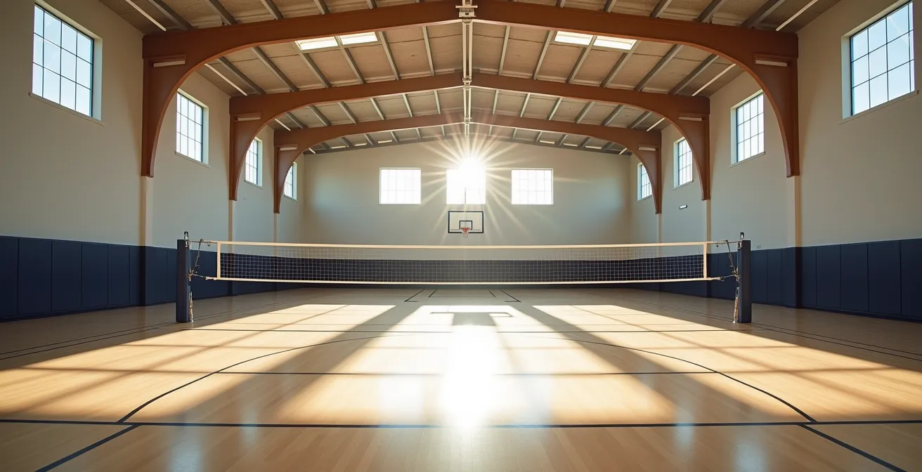 Vue grand angle d'un gymnase de volleyball montrant l'espace et les repères visuels