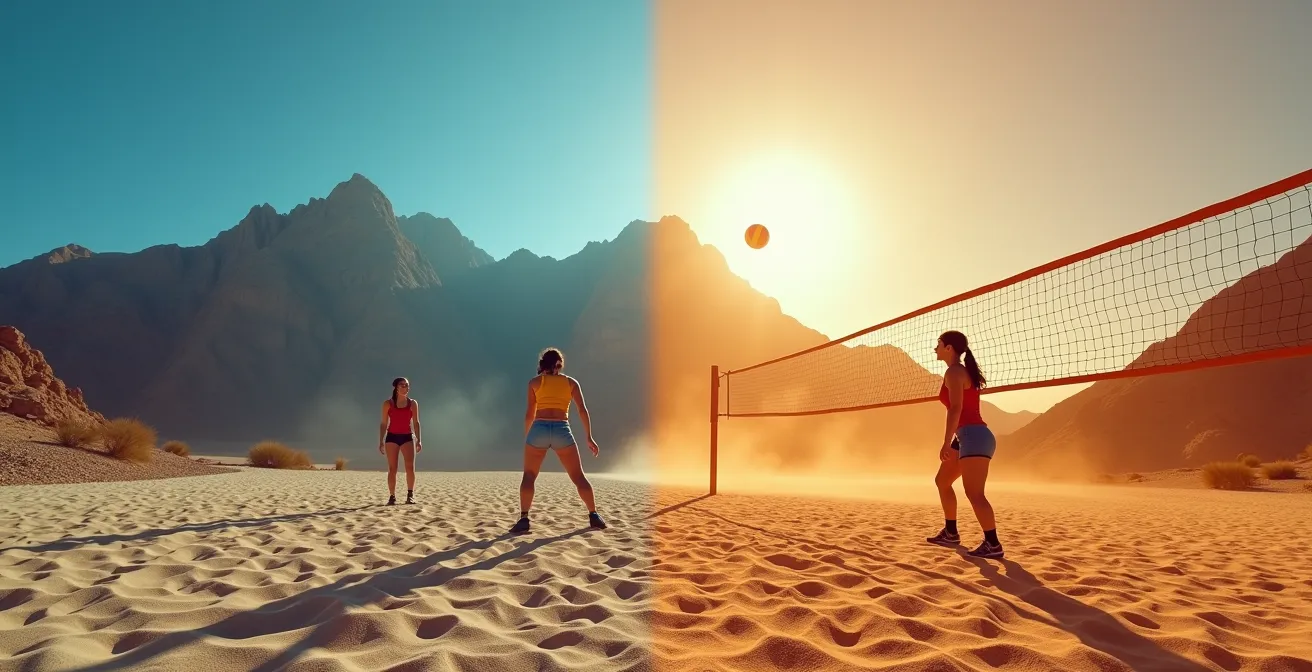 Terrain de volleyball en haute altitude avec montagnes en arrière-plan montrant l'effet sur la trajectoire du ballon
