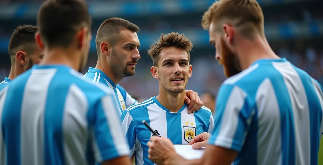 Jeune joueur argentin entouré de vétérans lors d'un temps mort tactique