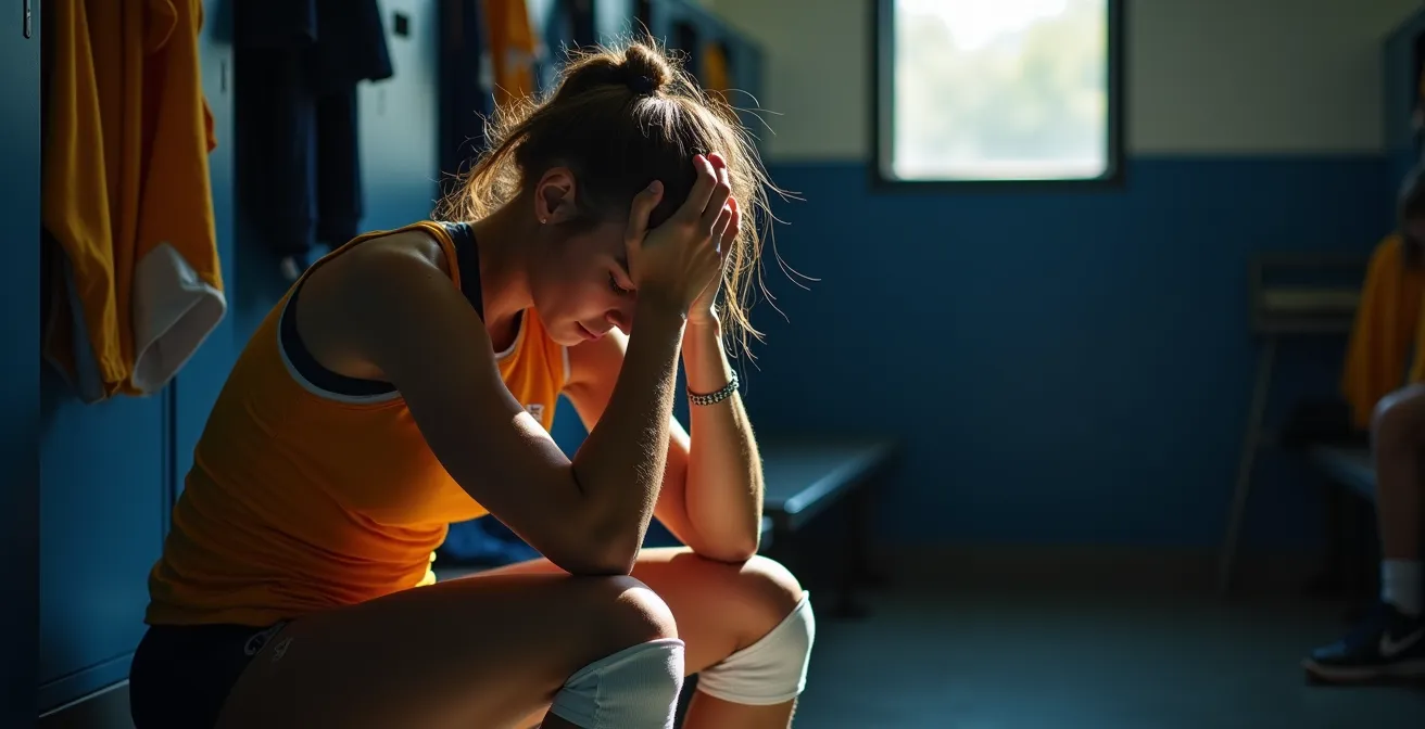 Joueur de volleyball épuisé dans un vestiaire après un match intense
