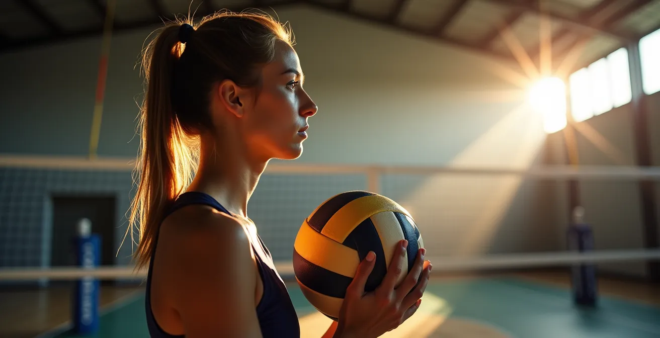 Joueur de volleyball professionnel contemplant son avenir devant un tableau tactique