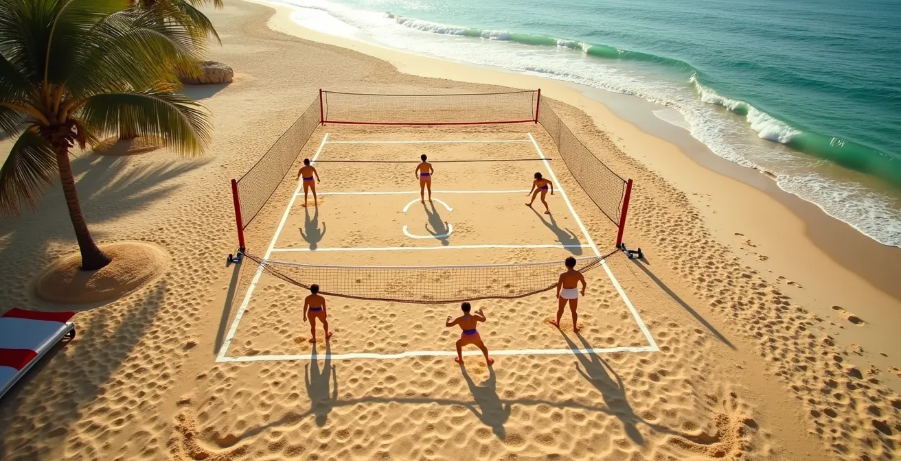 Vue aérienne d'un terrain de beach-volley montrant les trajectoires de balle influencées par le vent
