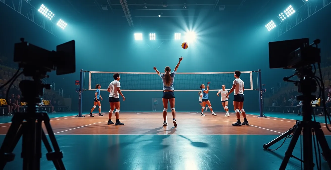 Studio de télévision filmant un match de volley-ball professionnel avec caméras multiples