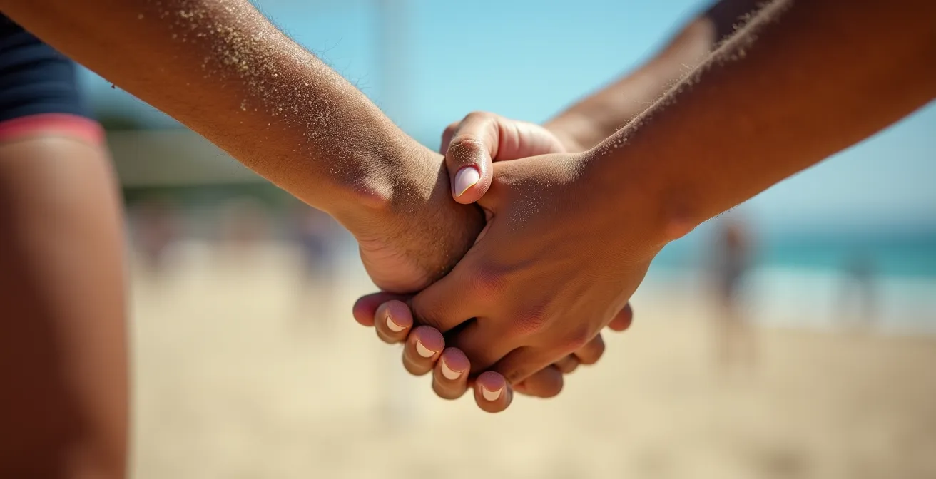 Gros plan sur les mains jointes de deux joueurs de beach-volley pendant un temps-mort