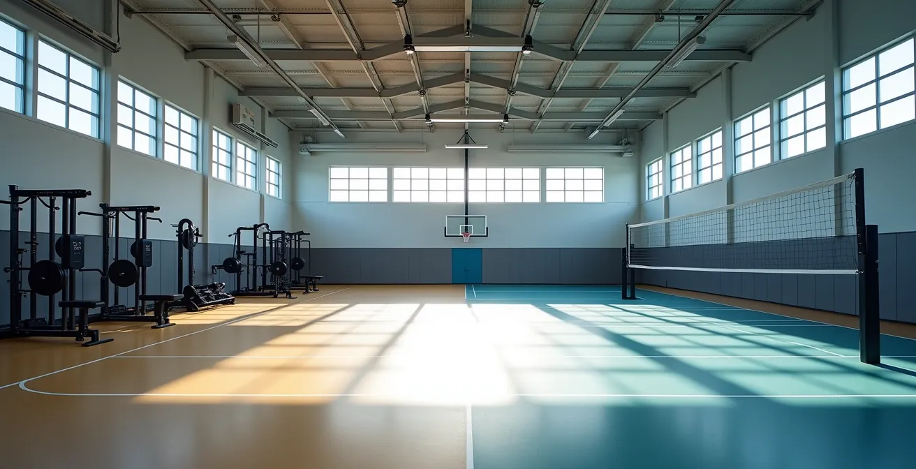Vue d'ensemble d'une salle d'entraînement avec zones musculation et terrain de volley