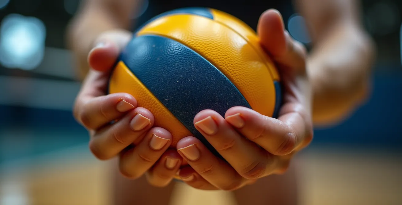 Vue macro détaillée des mains d'un passeur ajustant la trajectoire de passe