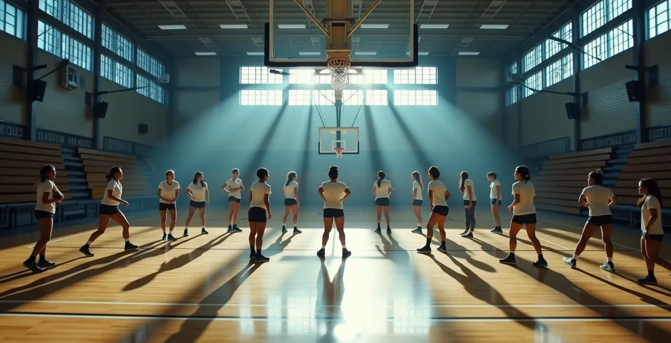 Équipe de volleyball s'entraînant dans un gymnase avec simulation sonore d'ambiance hostile