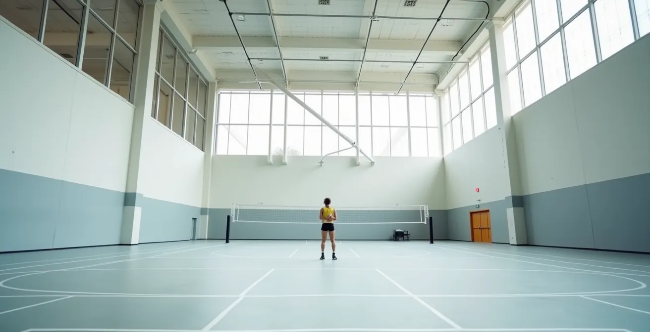 Réceptionneur de volley-ball en position défensive sous tension extrême
