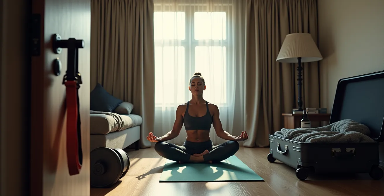 Athlète de beach-volley recréant son espace d'entraînement dans une petite chambre d'hôtel