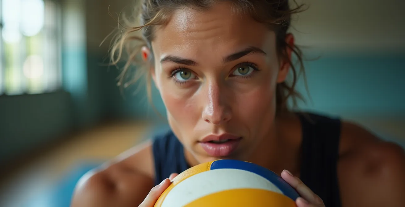 Joueur de volley-ball en routine de concentration avant un service
