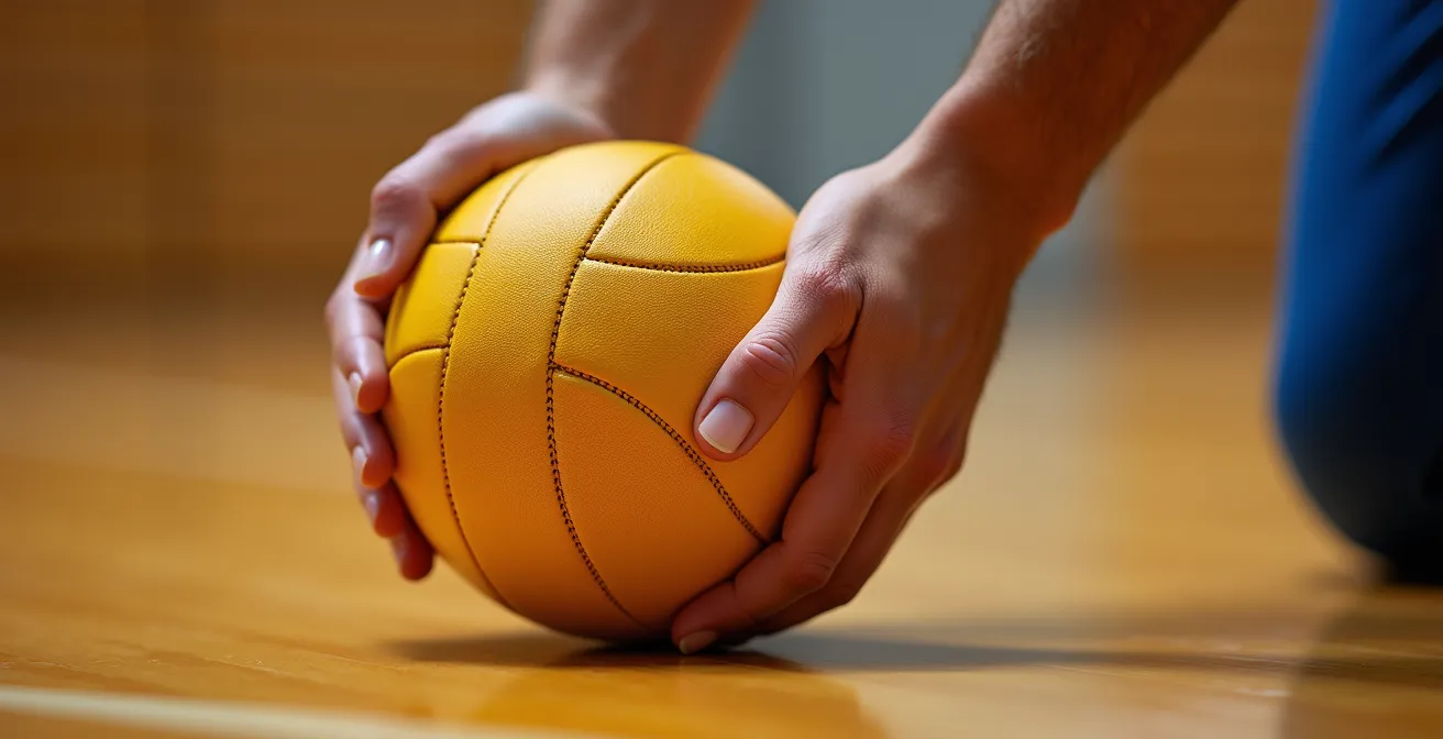Détail macro des mains d'un joueur tenant le ballon avant le service
