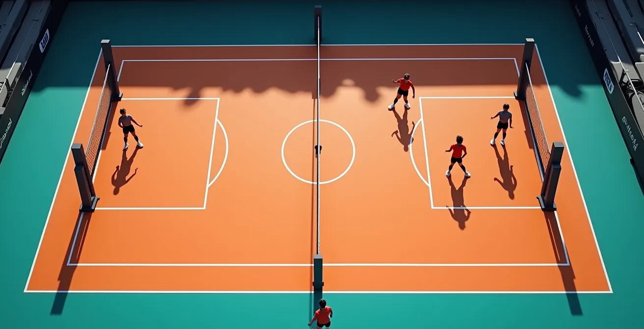 Vue aérienne d'un terrain de volleyball montrant le champ visuel du passeur analysant le bloc en trois temps.