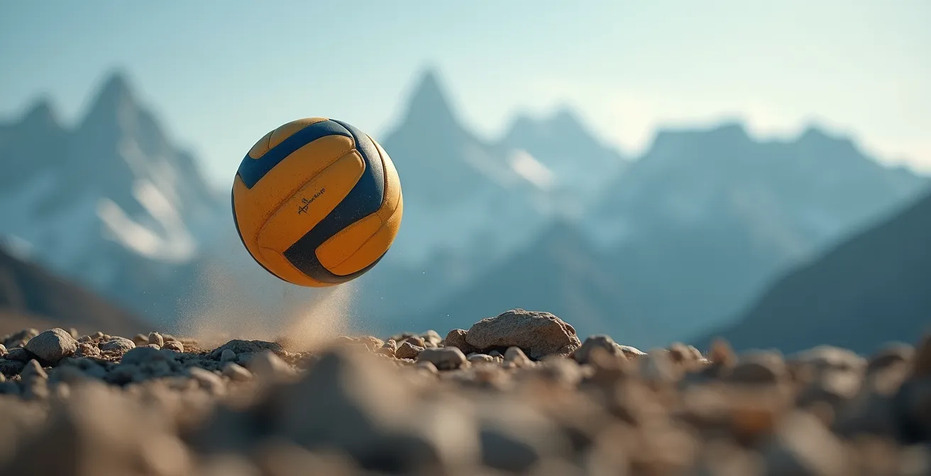 Gros plan sur un ballon de volley en suspension dans l'air avec effet de flou cinétique