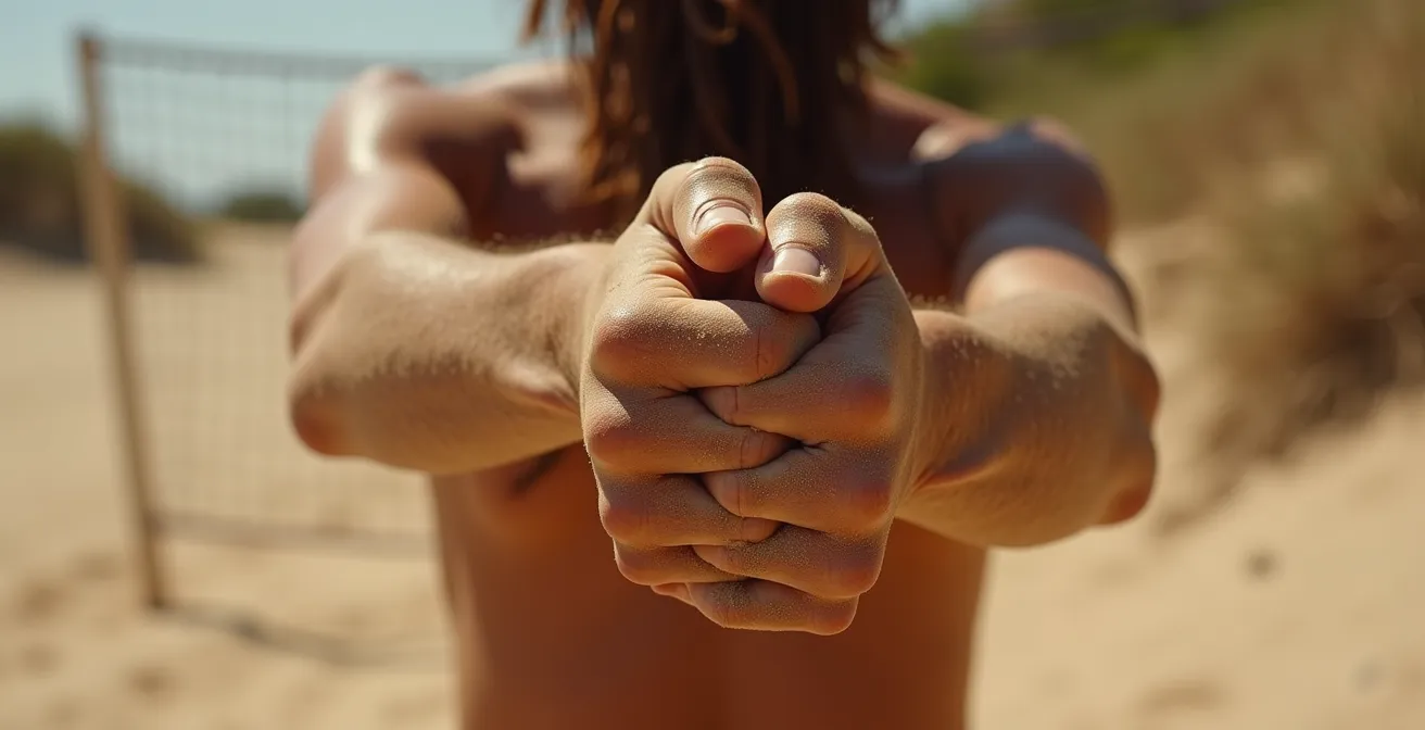 Mains d'un joueur faisant des signaux tactiques derrière son dos