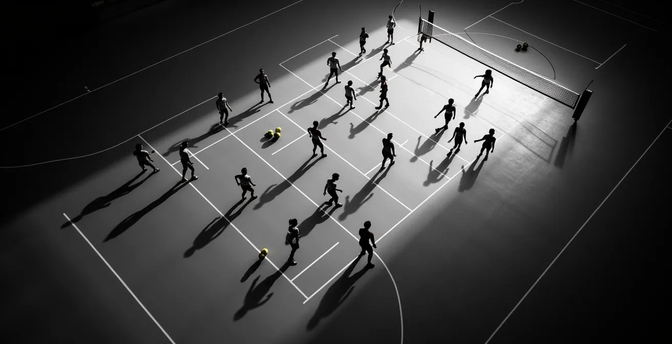 Vue aérienne d'une équipe de volley en formation tactique complexe