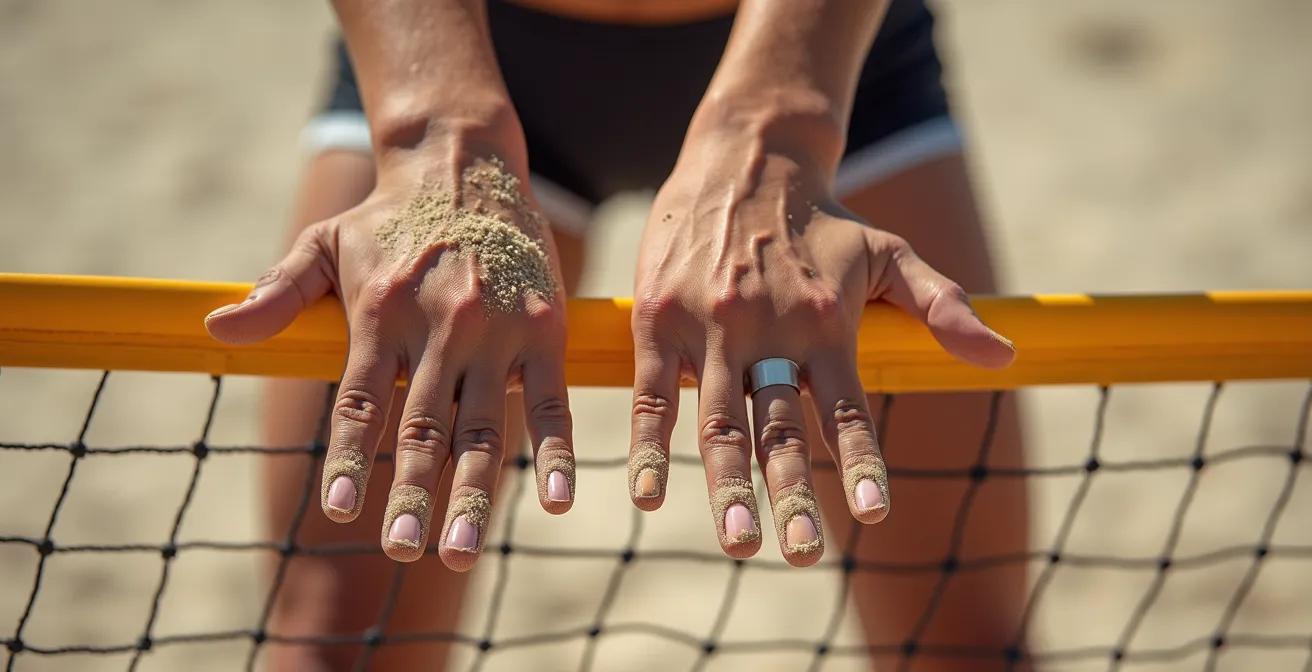 Gros plan macro sur les mains d'un bloqueur de beach-volley formant un entonnoir au-dessus du filet