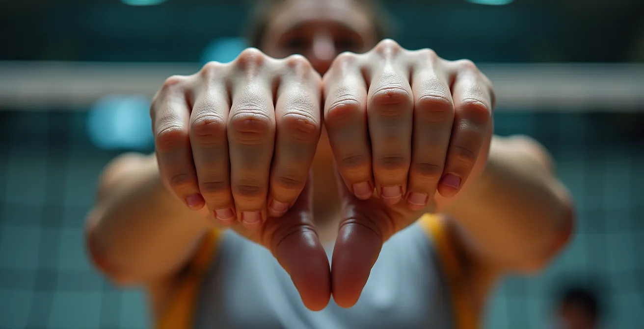 Gros plan sur les mains d'un joueur de volleyball formant différentes positions de bloc au-dessus du filet