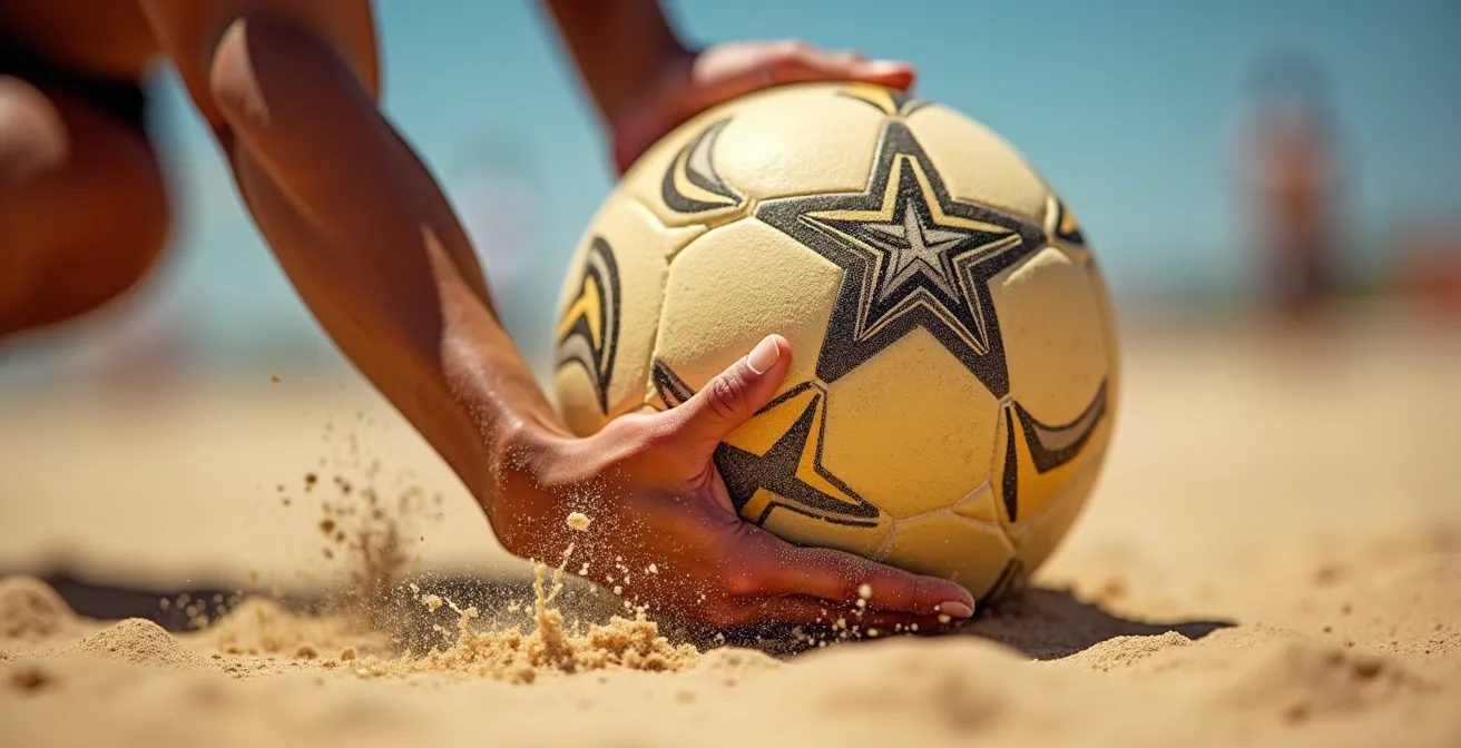 Gros plan macro sur les mains d'un joueur de beach-volley effectuant une passe de transition parfaite