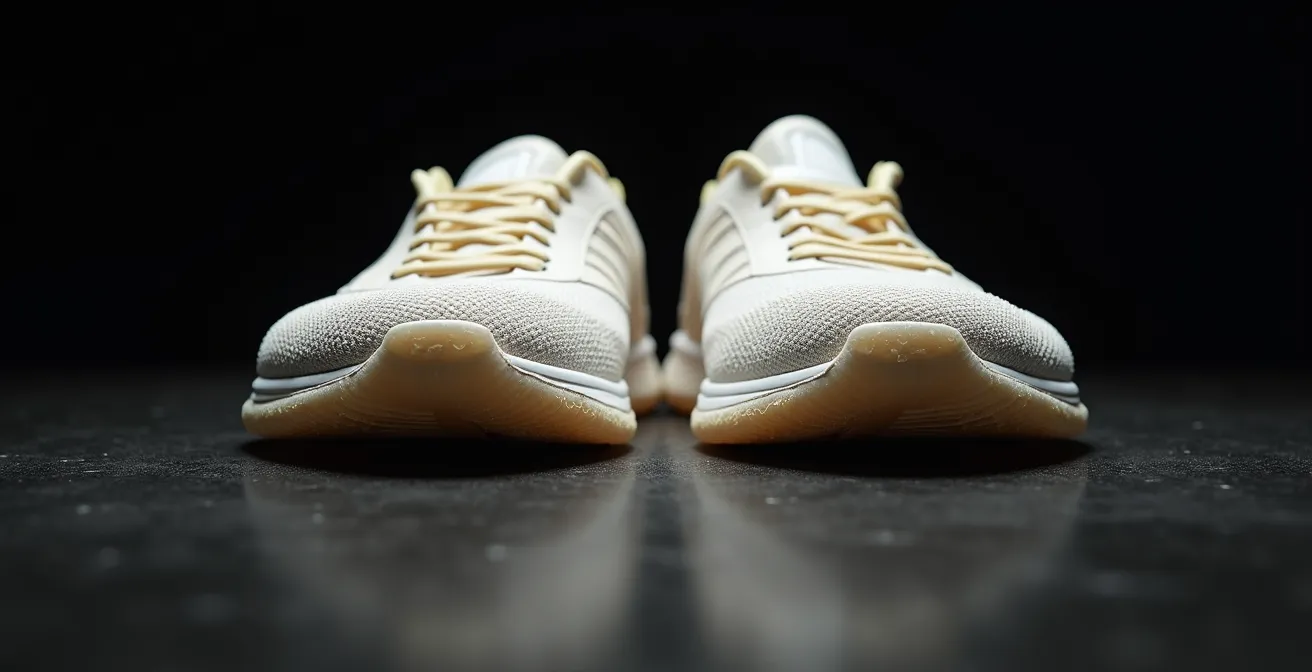 Comparaison macro de l'usure d'une semelle de chaussure de volley neuve versus usée