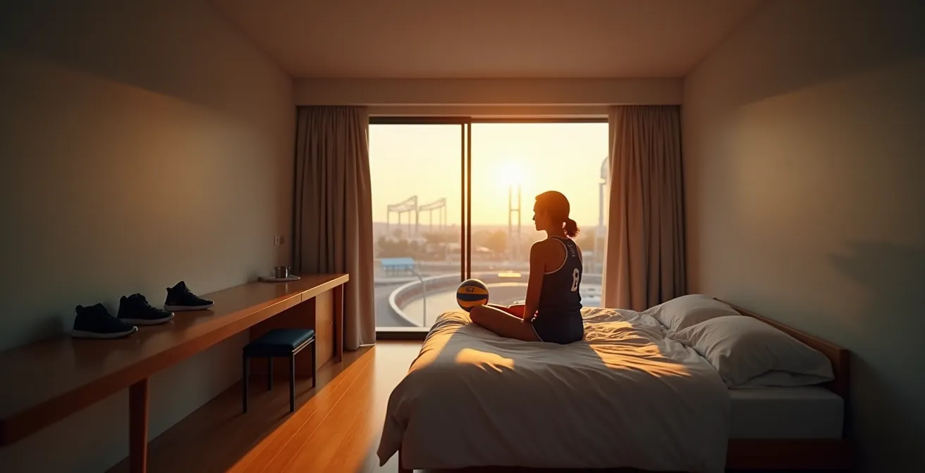 Athlètes de volley-ball dans leur chambre du village olympique préparant mentalement un match.