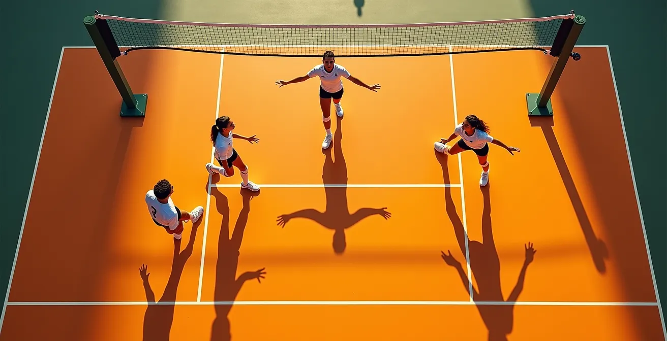 Vue aérienne d'un terrain de volleyball montrant la zone cible du passeur et le mouvement de synchronisation