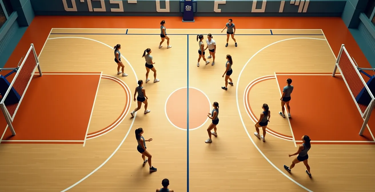 Vue aérienne d'un terrain de volleyball montrant les zones de conflit entre réceptionneurs