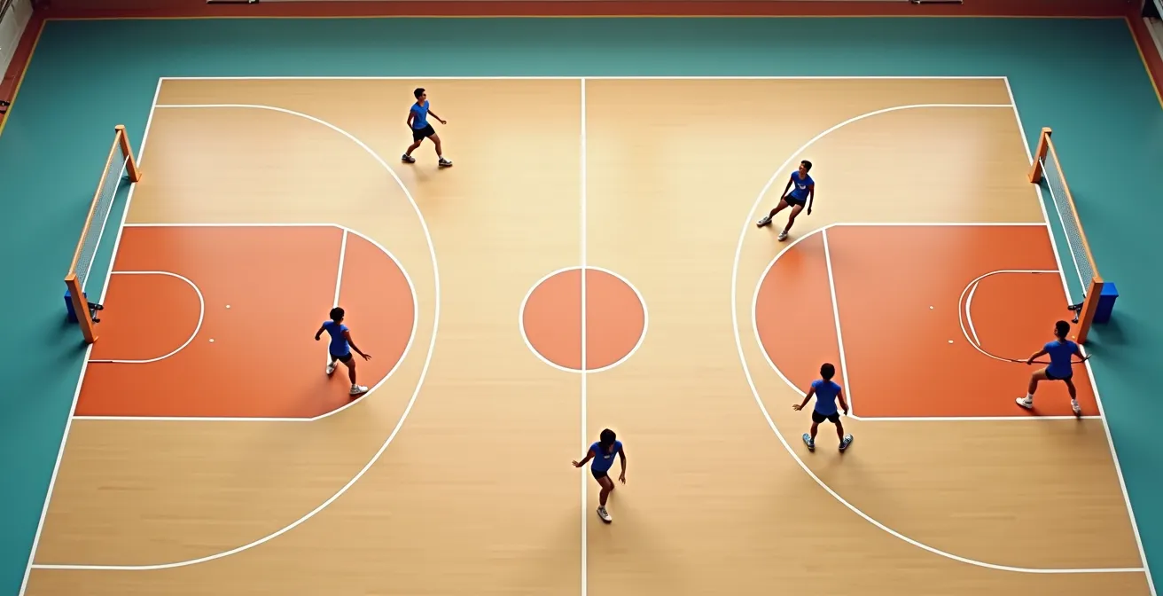 Vue aérienne d'un terrain de volleyball montrant les zones de conflit entre réceptionneurs