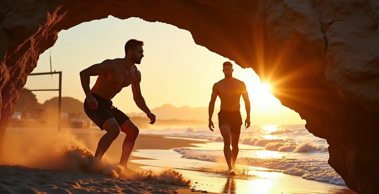 Athlète de beach-volley en séance photo lifestyle sur la plage