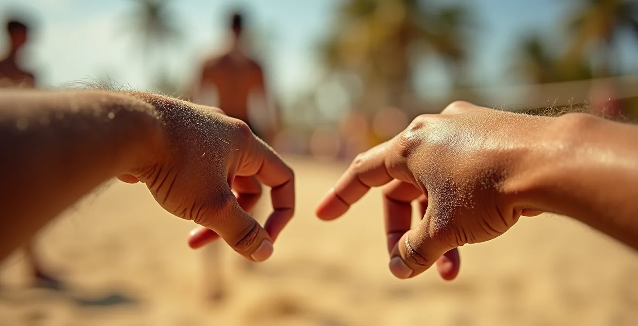 Vue macro sur les mains d'un joueur faisant un signal tactique dans le sable